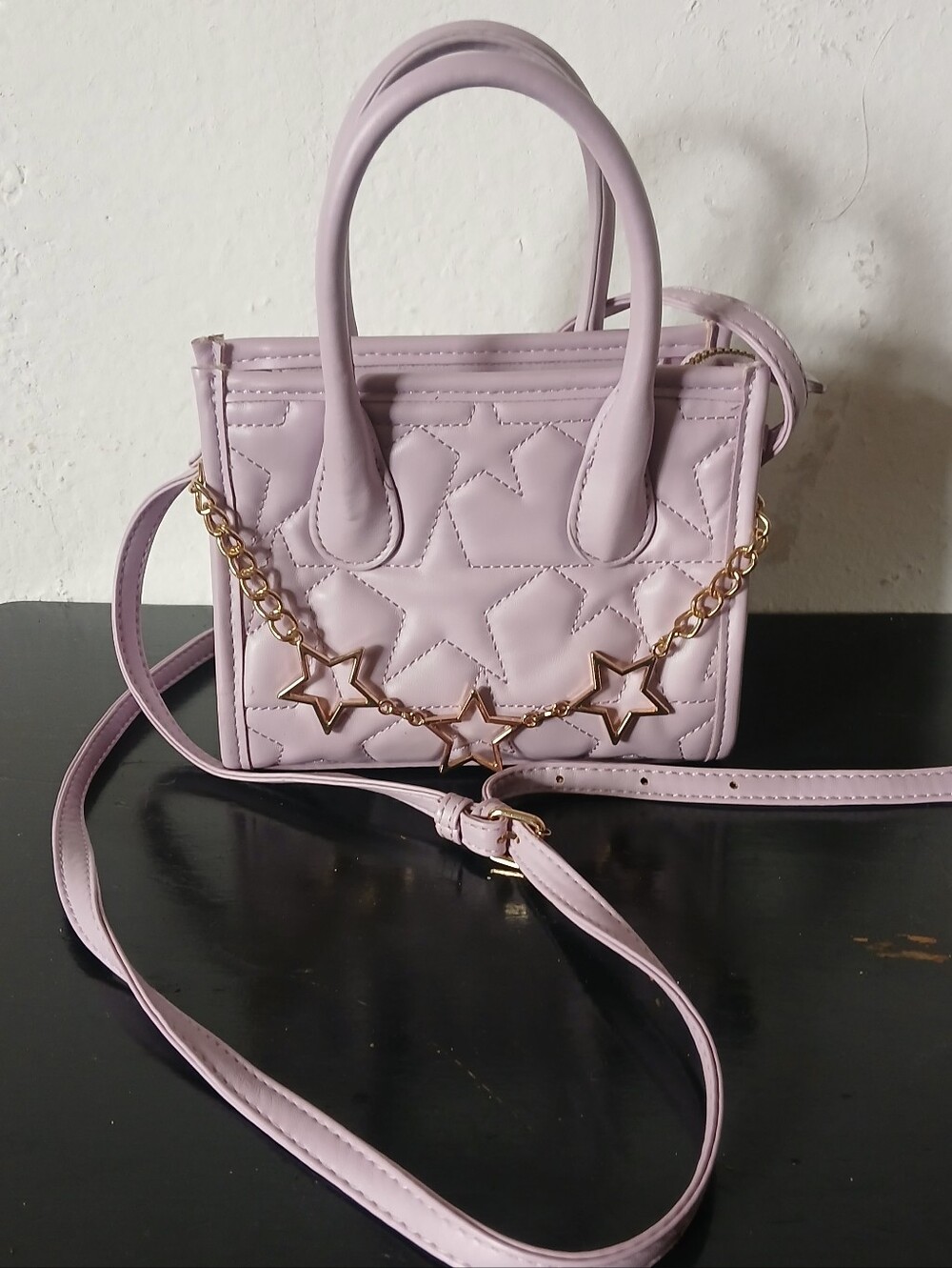 Purple Like Dreams quilted star mini bag with gold chain and star charms